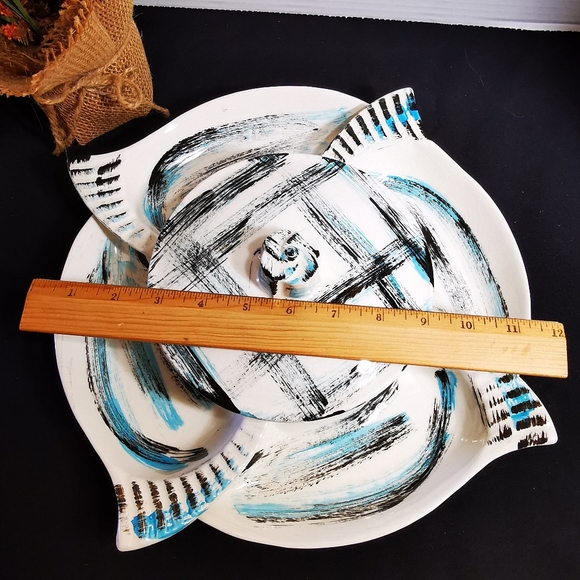 California Pottery Vintage Serving Set Blue and Black Brushstroke Plaid 6 Pieces - Picture 14 of 16